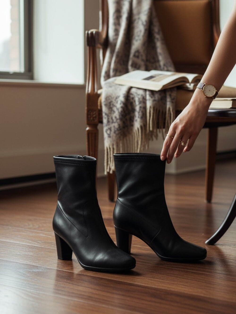 AEROSOLES Black Leather Mid-Calf Block Heel Boots